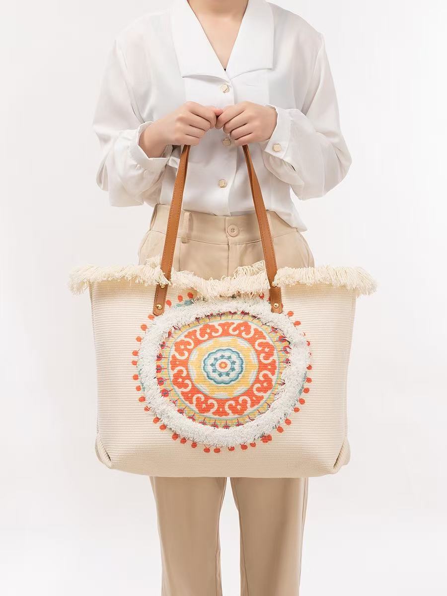 Women'S Raffia Bags - กระเป๋าโท้ทราฟเฟียพร้อมลายแมนดาลาสีสันสดใส หูหิ้วหนังสีน้ำตาลและพู่ห้อย กระเป๋าชายหาดสไตล์โบฮีเมียนสำหรับฤดูร้อน กระเป๋าสะพายไหล่สำหรับผู้หญิง