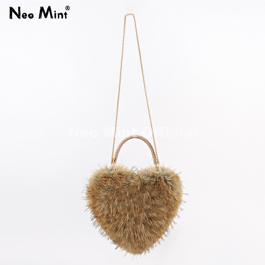 Women Bags Ru - กระเป๋าถือรูปหัวใจขนแรคคูนเทียมสุดหรู Neo Mint สำหรับสุภาพสตรี กระเป๋าถือออกงานกลางคืน ปาร์ตี้