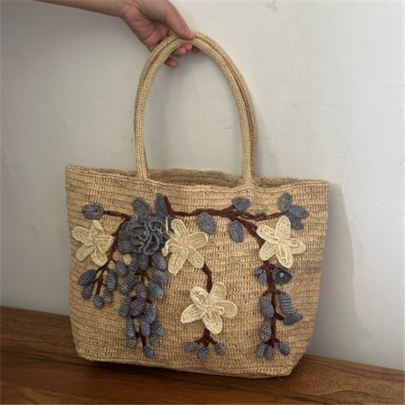 Women'S Raffia Bags - กระเป๋าถือสานมือลายดอกกุหลาบ 3 มิติ ทำจากเส้นใยราฟเฟีย กระเป๋าสะพายไหล่สำหรับผู้หญิง กระเป๋าชายหาด