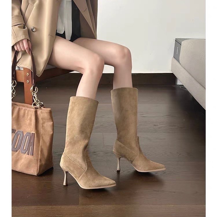 รองเท้าบูทหนังวัวแบบสวม ส้นสูง - Women Bags On Sale บทวิจารณ์และราคา